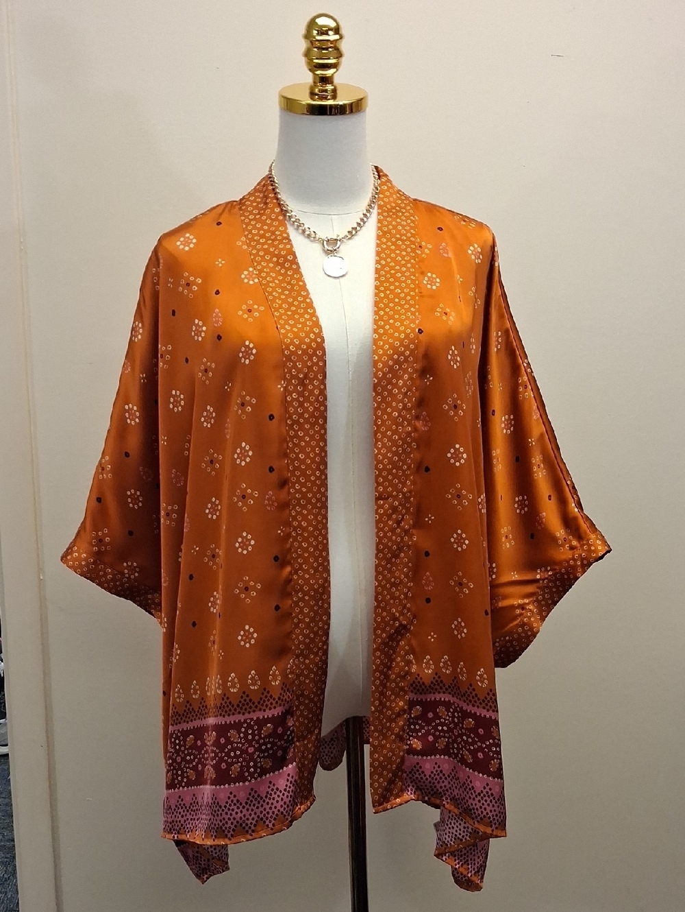 DR2 Burnt Orange Satin Kimono Boho Festival Layering Duster Size XL